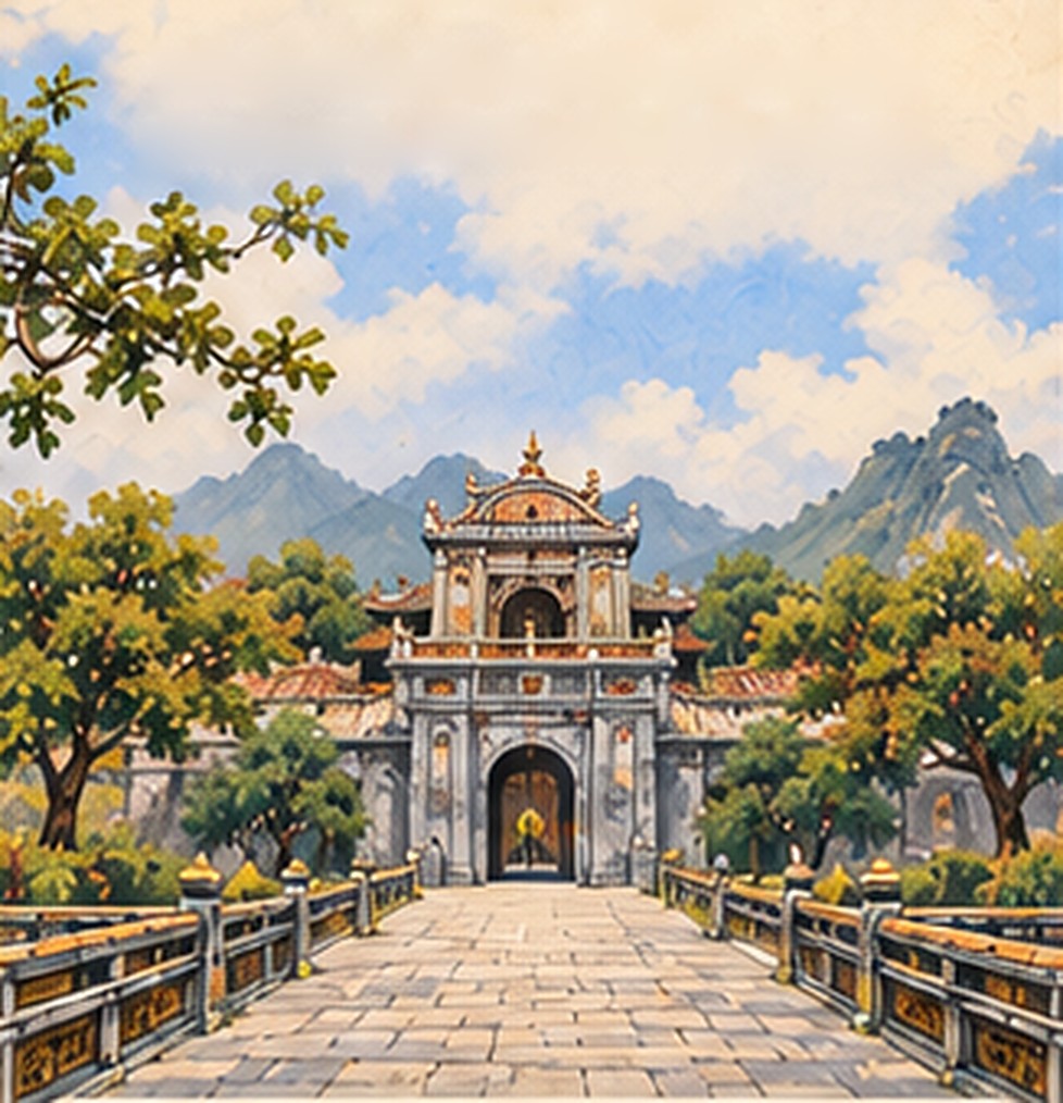 Watercolour illustration of a citadel gate in Huế at the end of a stone bridge