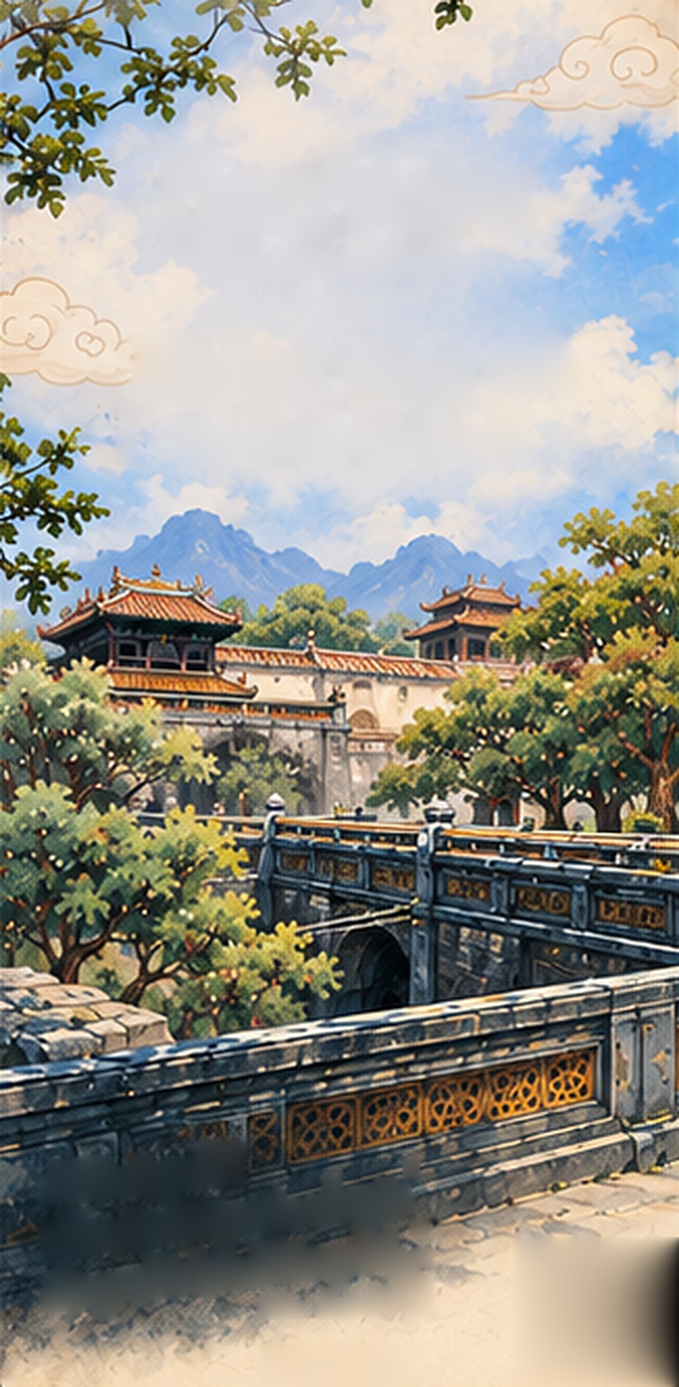 Watercolour illustration of the Huế Imperial City behind trees and a stone bridge